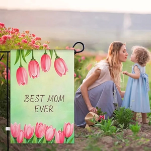 Bandiera da giardino con stampa BEST MOM EVER e tulipani su supporto metallico esterno