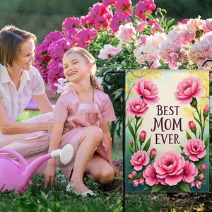 Bandiera da giardino con tulipani rosa e scritta 'BEST MOM EVER' su supporto