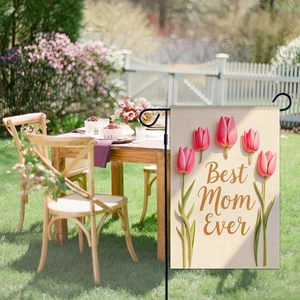 Bandiera da giardino in lino con tulipani rosa e scritta Best Mom Ever con supporto in metallo
