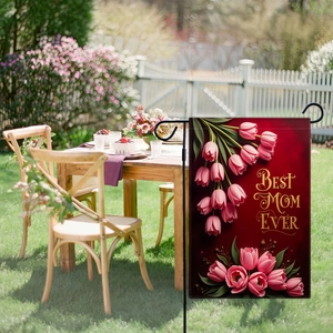Bandiera da giardino con tulipani e scritta Best Mom Ever su supporto in metallo nero