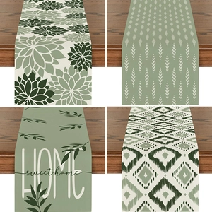 Nordic Linen Table Runner Green Geometric Floral Pattern Rectangular Washable Tablecloth For Dining Room Kitchen Home Decor