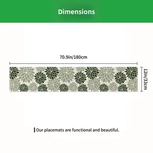 Detailed view of green floral geometric table runner with 180cm by 33cm dimensions