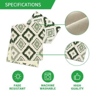 Modern geometric ikat table runner in beige and dark green for bohemian dining room decor