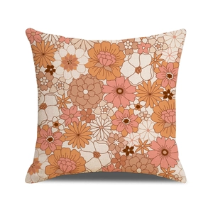 Square floral cushion cover with 70s retro flower patterns and soft linen fabric texture