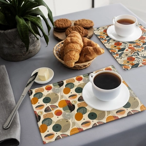 Detailed texture of bohemian linen placemats with floral and geometric patterns