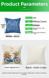 Detail of 45x45cm autumn linen pillow covers with fall lettering and pumpkin bicycle print