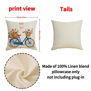 Linen blend hello fall pillow cover 18x18 inch with pumpkin and bike print for home decor