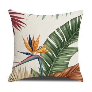 Housse de coussin en lin avec imprimé tropical de strelitzia et feuilles vertes