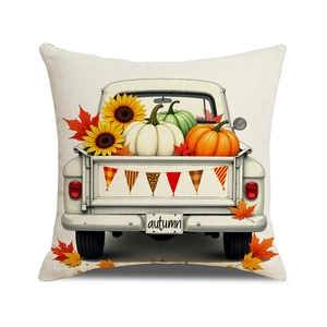 Fall harvest pumpkin throw pillow cover with vintage white truck and sunflower design