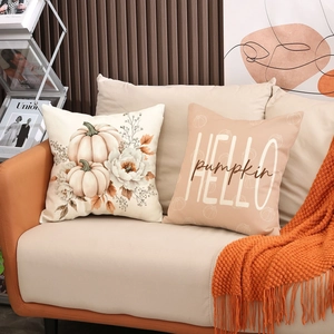 Fall pillow covers with pumpkins and dahlia print for autumn farmhouse home decor