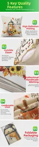 Detail of harvest pumpkin and sunflower prints on linen pillow cover with hidden zipper