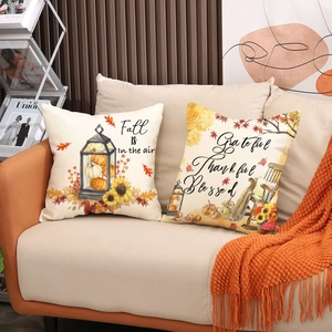 Set of 2 autumn maple leaf and pumpkin linen pillow covers for harvest farmhouse decor