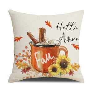 Hello Autumn maple leaf and pumpkin mug print linen pillow cover for fall decor