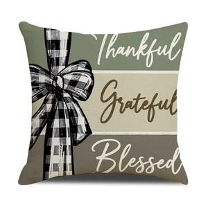 Linen Thanksgiving pumpkin pillow cover with Thankful Grateful Blessed typography art