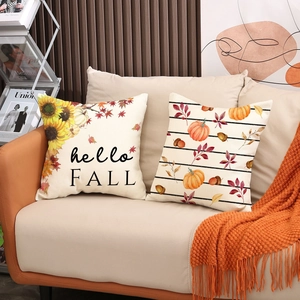 Set of two autumn pumpkin and maple leaf pillow covers with hello FALL typography