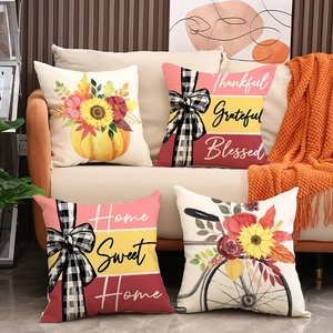 Harvest Festival Pumpkin Throw Pillow Case Linen Blend Decorative Cushion Cover Fall Autumn Sunflower Bike Home Decor