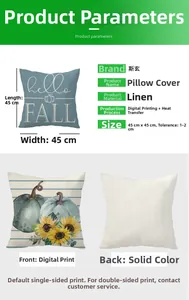 Dettaglio della federa in lino 45x45cm con stampa zucca hello FALL e specifiche tessuto