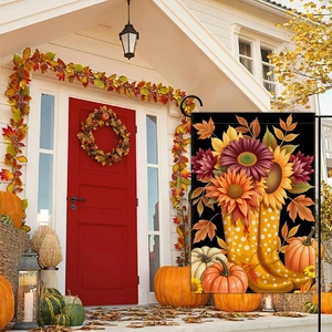 Garden flag with sunflower boots and pumpkins displayed on a porch for autumn decor