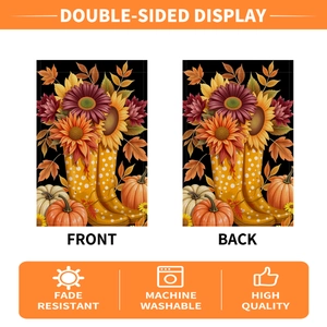 Double-sided fall harvest garden flag with sunflowers, pumpkin, and rain boots