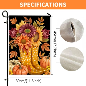 Double-sided linen garden flag with autumn harvest design including pumpkins and sunflowers