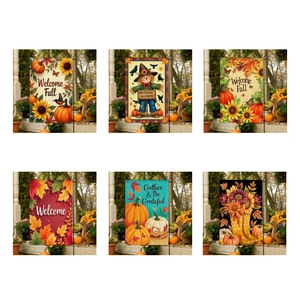 Detail view of double-sided autumn garden flags with pumpkins and sunflower prints
