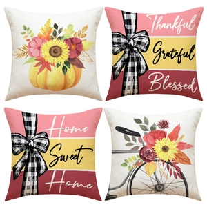 Set of four harvest festival pillow covers with pumpkin sunflower prints and autumn text