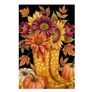 Autumn harvest garden flag with sunflowers, pumpkins and yellow boots on black linen