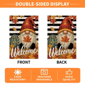Double-sided fall garden flag featuring gnome, pumpkin, and welcome message for outdoors