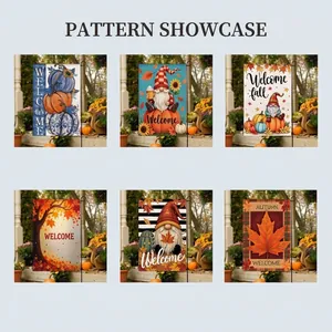 Style display of six double-sided fall garden flags with pumpkin and gnome patterns