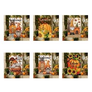 Set of six autumn garden flags featuring pumpkins, gnomes and sunflowers on burlap fabric