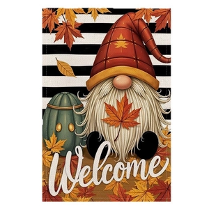 Fall garden flag featuring a gnome and pumpkin design with a Welcome greeting