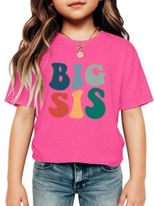 Close-up of pink cotton T-shirt with vintage colorful BIG SIS lettering and coin necklace