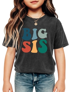 Detail of dark grey cotton T-shirt featuring colorful Big Sis lettering and crew neck