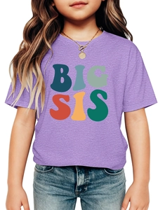 Detail of purple cotton T-shirt featuring colorful Big Sis pop art print and crew neck