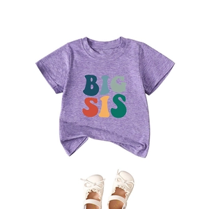 Purple short sleeve kids T-shirt with Big Sis print and white baby bow shoes on white background