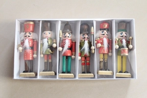 Set of 6 classic wooden nutcracker soldier ornaments with colorful painted details