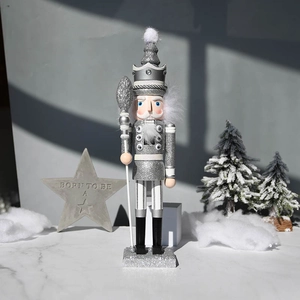 42cm silver glitter Nutcracker soldier statue with faux fur and crown for Christmas decor