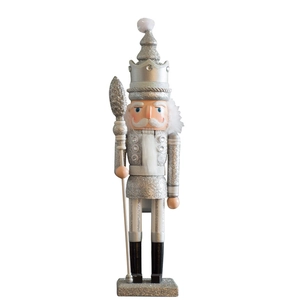 Silver glitter 42cm nutcracker soldier ornament with crown and scepter on white base