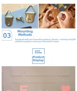 Détail du kit de montage avec anneaux en D dorés, vis et adhésif 3M pour décoration