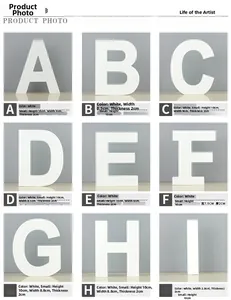 Macro view of white wooden decorative letters A to I showing 10cm height and matte finish