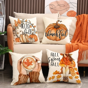 Autumn Thanksgiving Pumpkin Throw Pillow Covers Linen Decorative Cushion Case For Sofa Home Decor Hello Fall Thankful