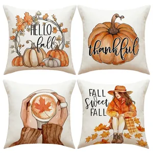Set of 4 fall themed linen pillow covers featuring pumpkins, maple leaves and autumn slogans