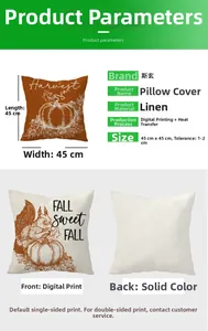Détails de la housse de coussin d'automne 45x45cm montrant l'impression et les dimensions