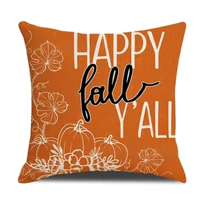 Housse de coussin orange d'automne avec texte Happy Fall Y'all et motifs de citrouilles