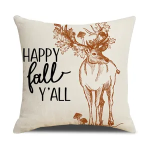 Housse de coussin en lin beige avec lettrage Happy Fall Y'All et motif de cerf automnal
