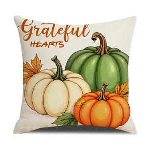 Herbst Kissenbezug mit bunten Kürbissen und Grateful Hearts Aufdruck für Sofa
