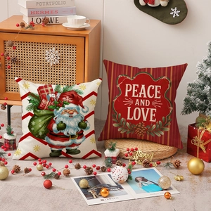 Set of 2 Christmas linen throw pillow covers with Santa and Peace and Love festive prints