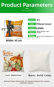 Detail showing linen texture and 45x45cm size specs for Thanksgiving pumpkin pillow cover