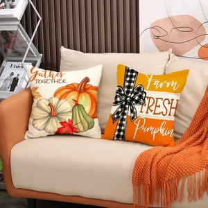 Autumn pumpkin throw pillow covers with Gather Together and Farm Fresh prints on linen