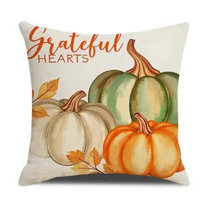 Linen Thanksgiving pumpkin pillow cover with Grateful Hearts print for autumn decor